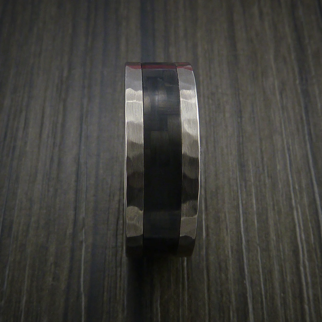 Hammered Titanium Men's Ring with Carbon Fiber Inlay Custom Made Wedding Band - Image 3