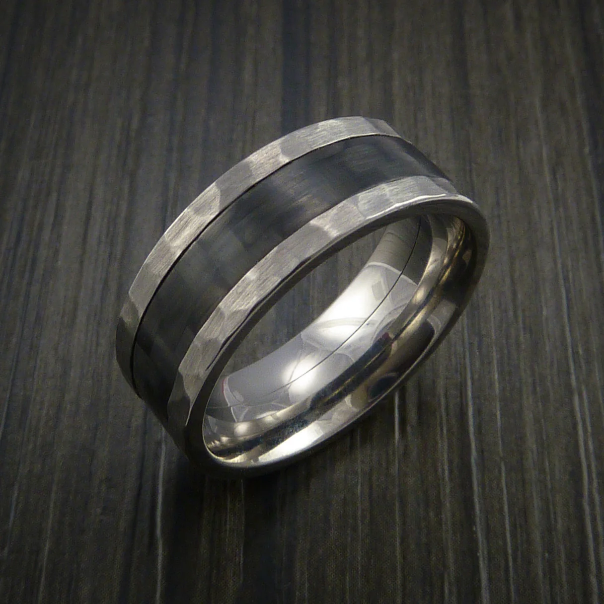 Hammered Titanium Men's Ring with Carbon Fiber Inlay Custom Made Wedding Band - Image 4