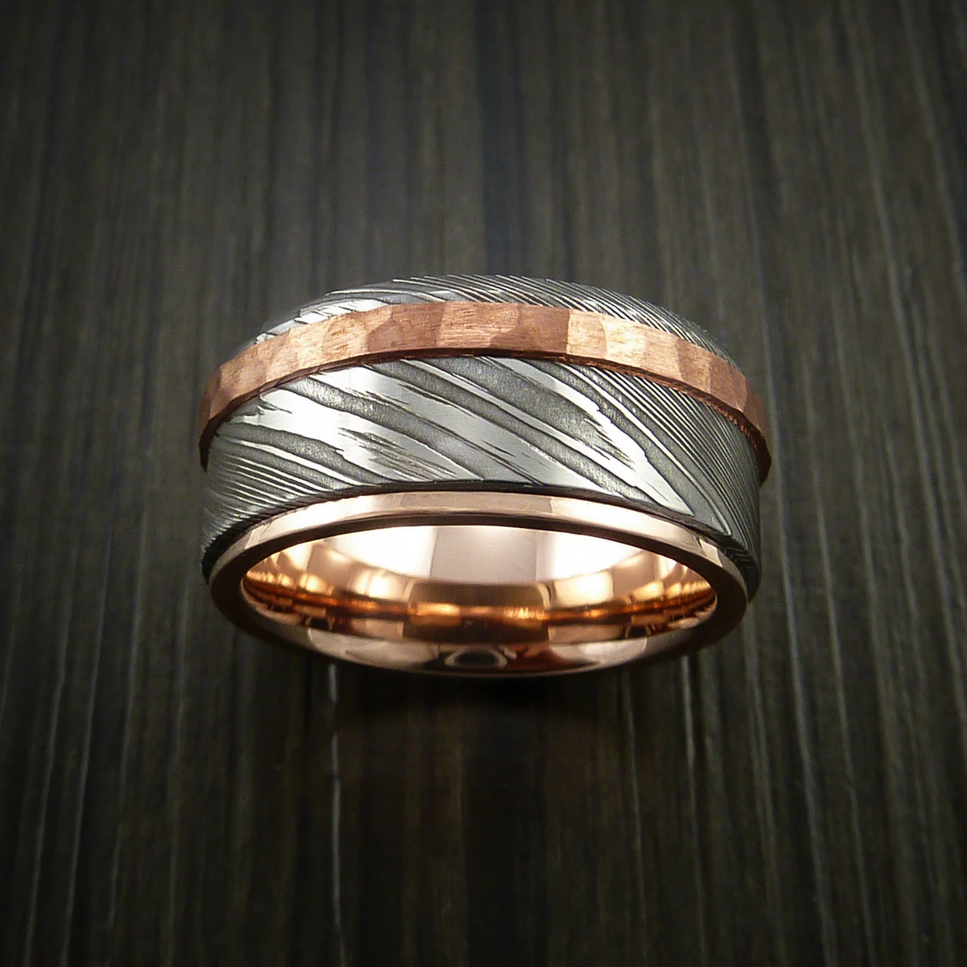 Damascus Steel 14K Rose Gold Men's Ring Wedding Band with Hammered Copper Inlay - Image 3