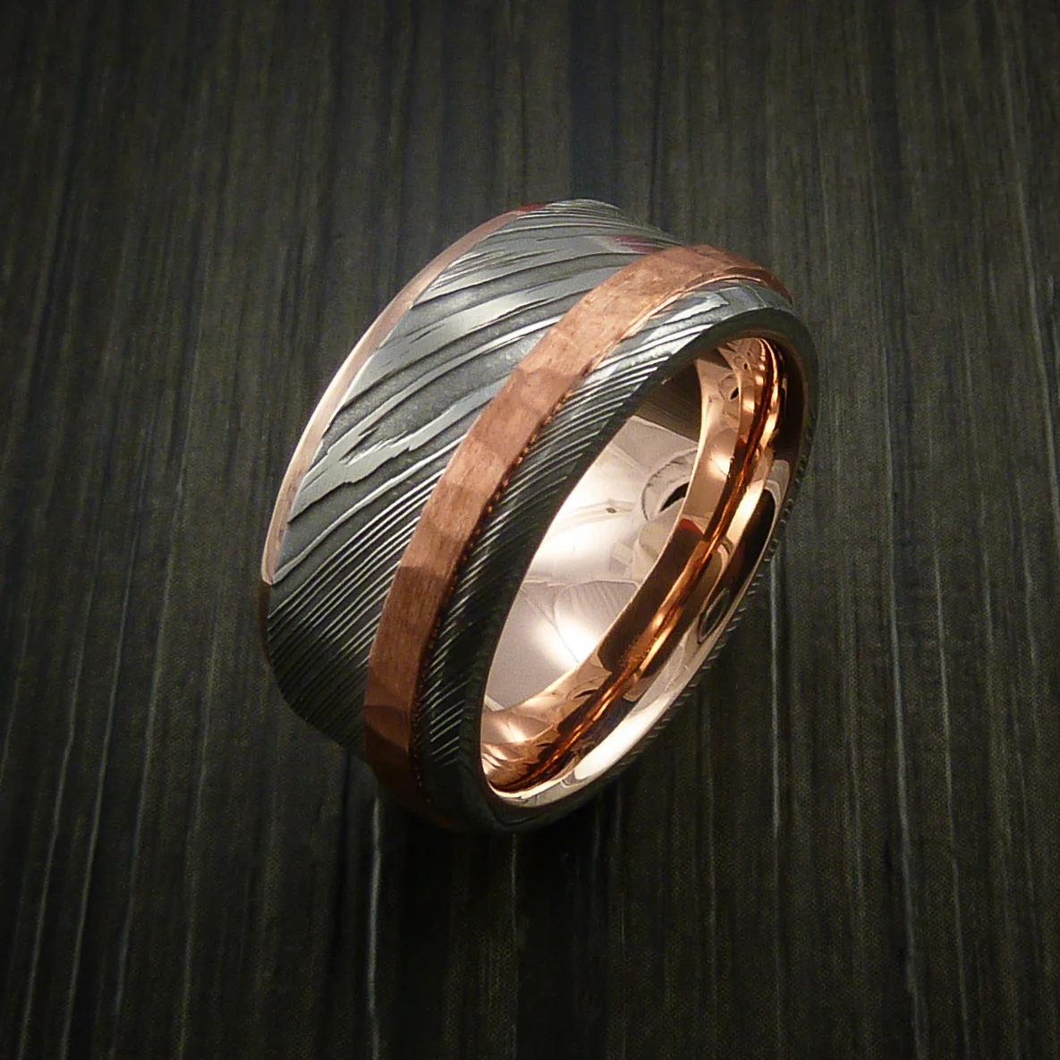 Damascus Steel 14K Rose Gold Men's Ring Wedding Band with Hammered Copper Inlay - Image 5