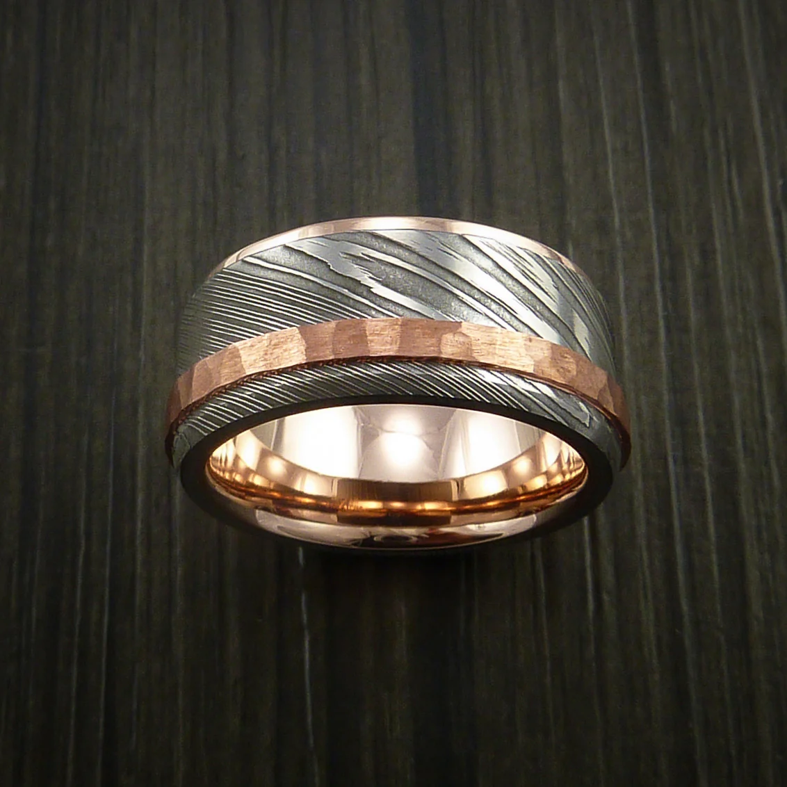 Damascus Steel 14K Rose Gold Men's Ring Wedding Band with Hammered Copper Inlay - Image 6