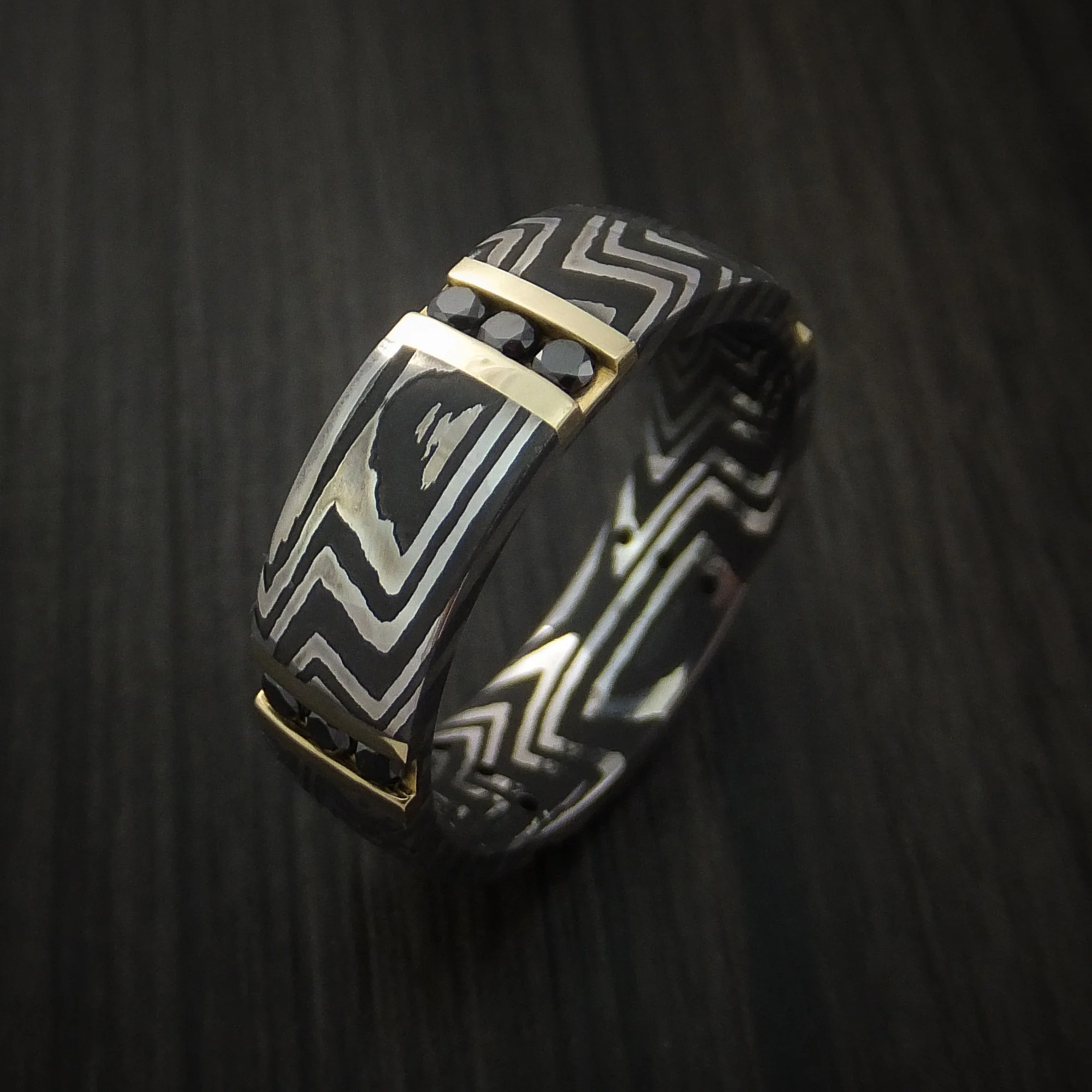 Zebra Damascus Steel Men's Ring with 14K Gold and Black Diamonds Custom Made Band - Image 3