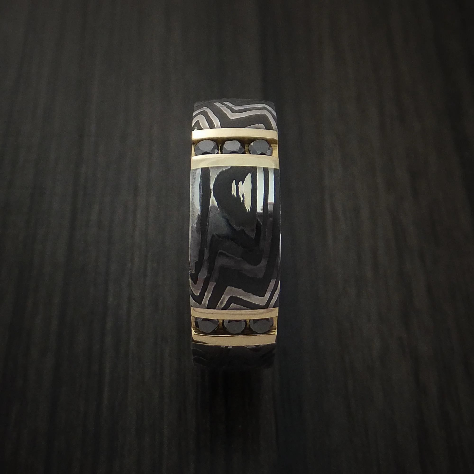 Zebra Damascus Steel Men's Ring with 14K Gold and Black Diamonds Custom Made Band - Image 4