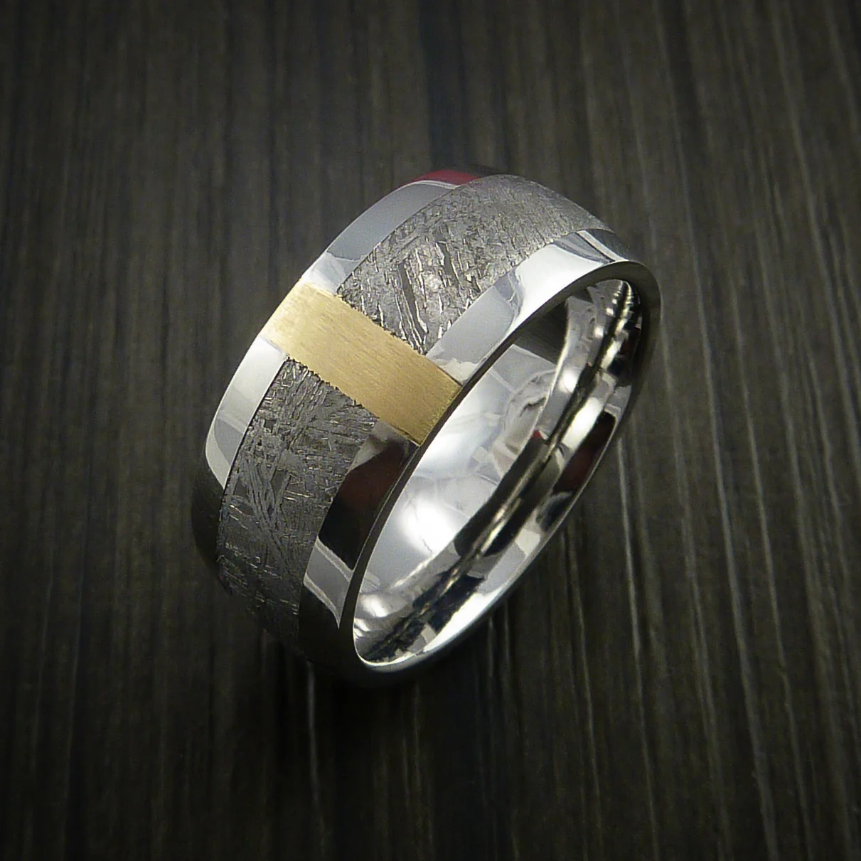 Gibeon Meteorite in Cobalt Chrome and 14k Yellow Gold Wedding Men's Band - Image 3