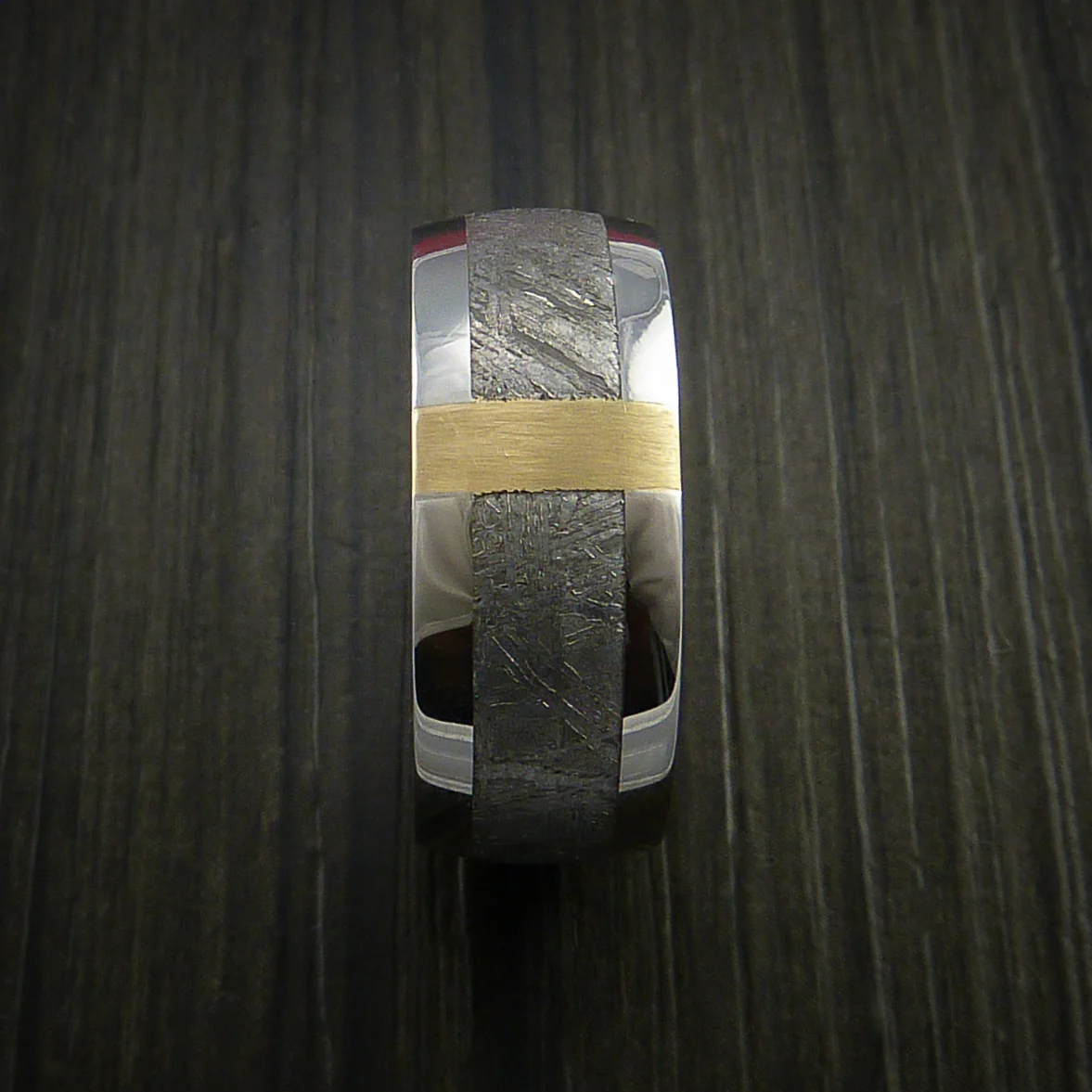 Gibeon Meteorite in Cobalt Chrome and 14k Yellow Gold Wedding Men's Band - Image 4