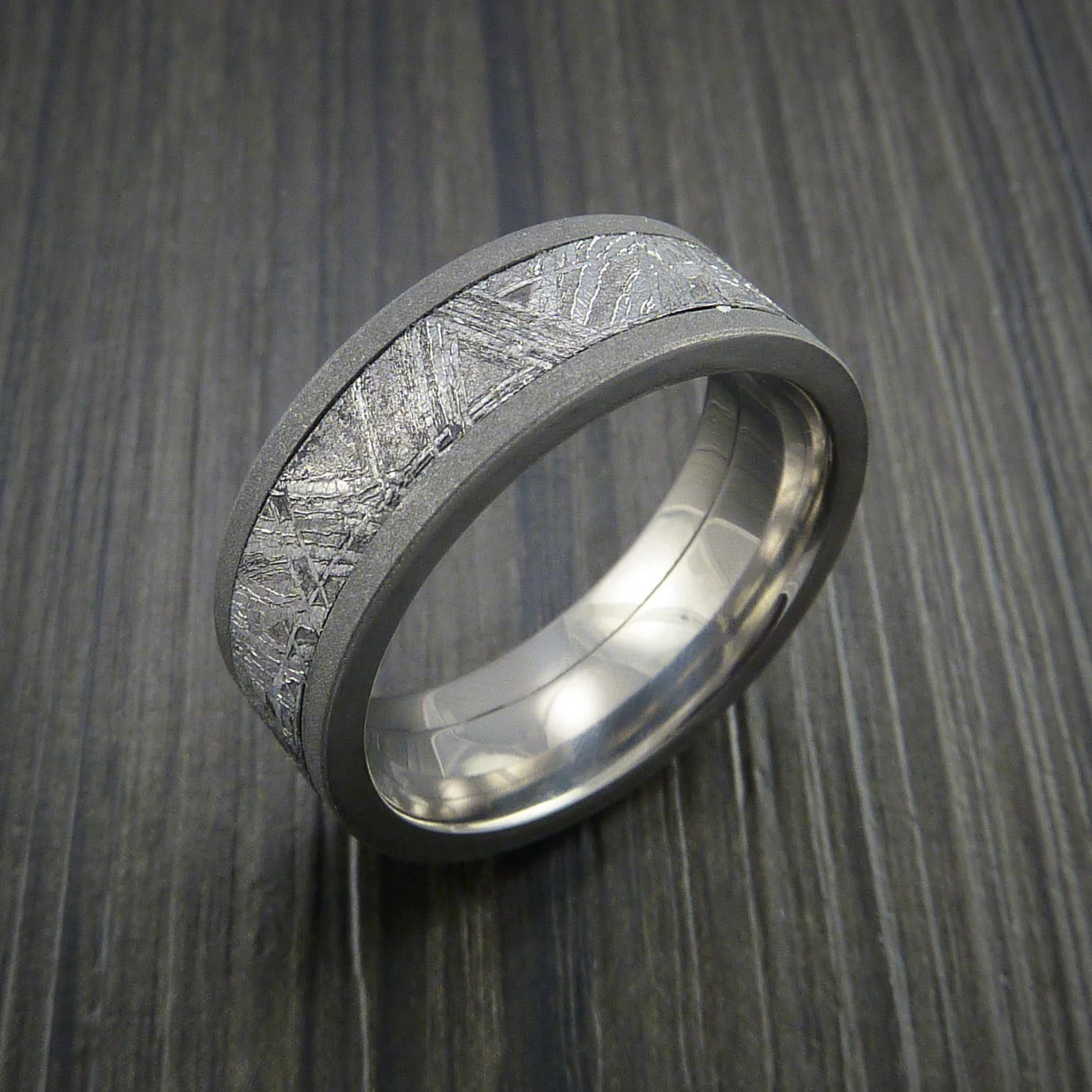 Titanium Men's Ring with Gibeon Meteorite Inlay Custom Made Wedding Band - Image 4