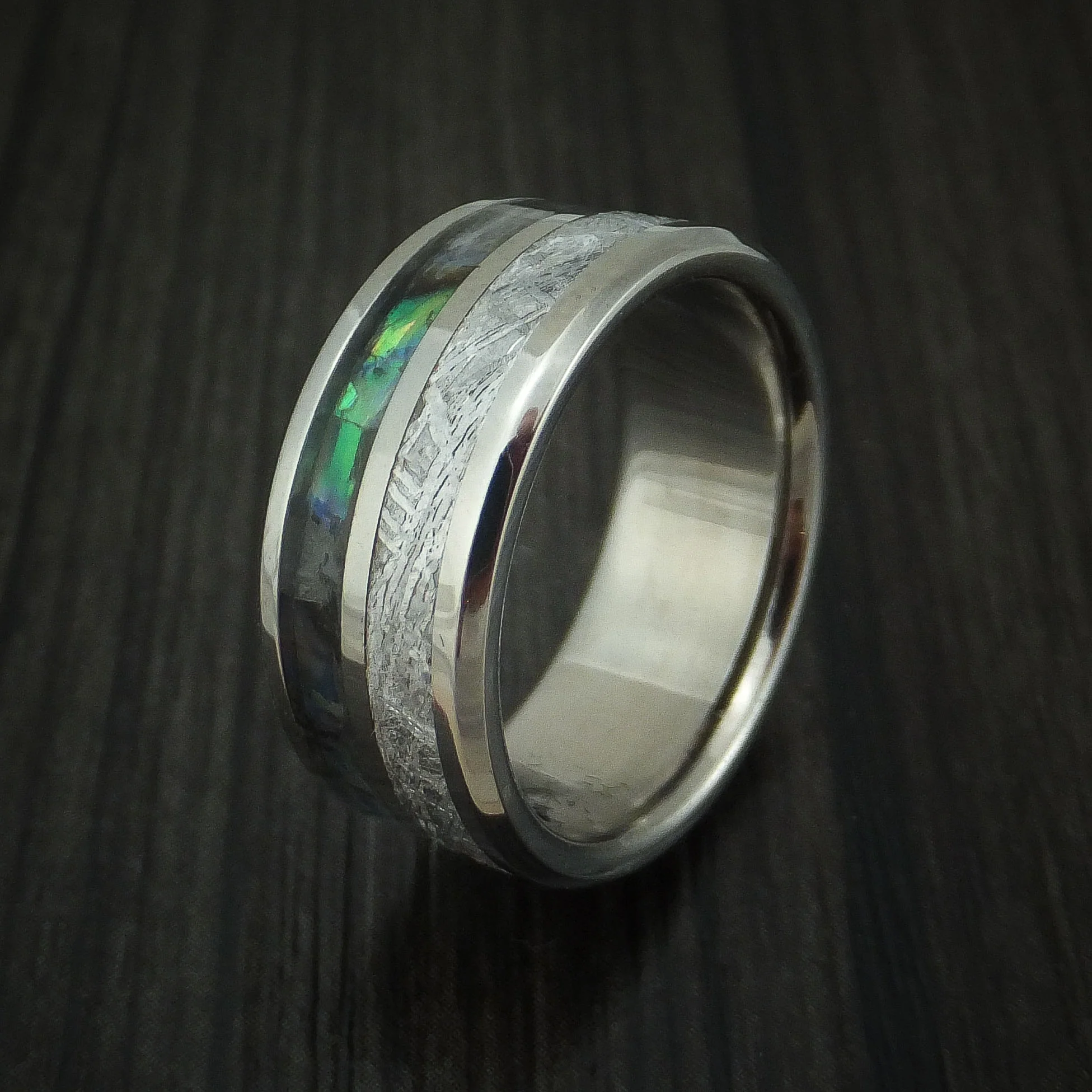 Titanium Men's Ring with Meteorite and Abalone Custom Made Band - Image 4