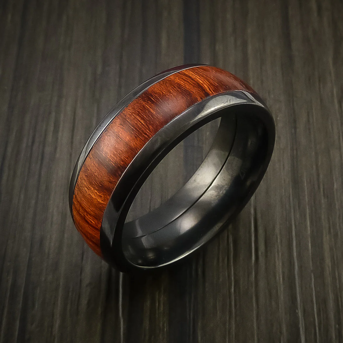 Black Zirconium Men's Ring with Wood Inlay Custom Made Wedding Band - Image 3
